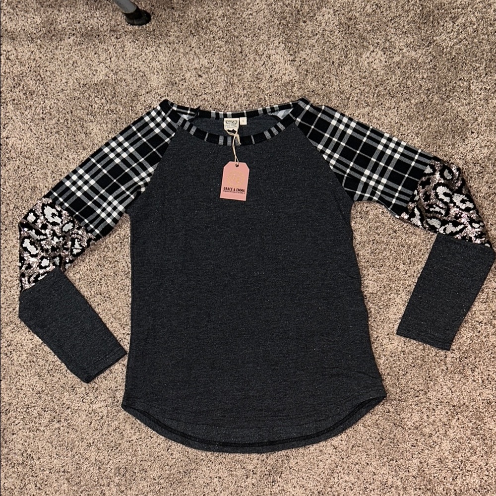 Plaid and Leopard Sequin Sleeve Top